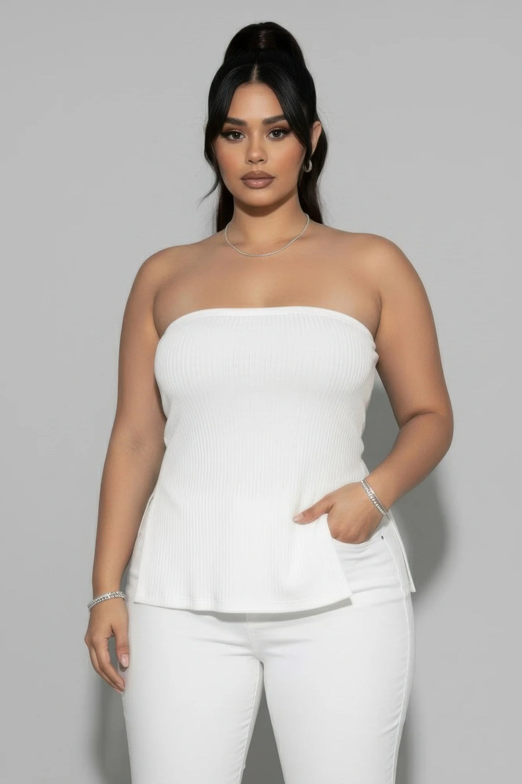 Plus Strapless Ribbed Side-Slit Flare Top