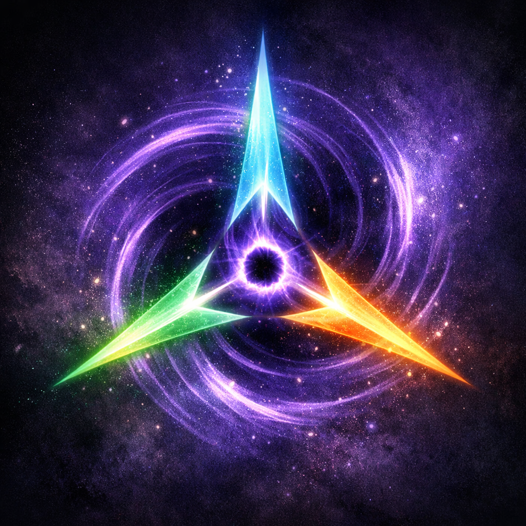 Three glowing blue, green, and orange points around a violet ring with purple spirals against a starry background