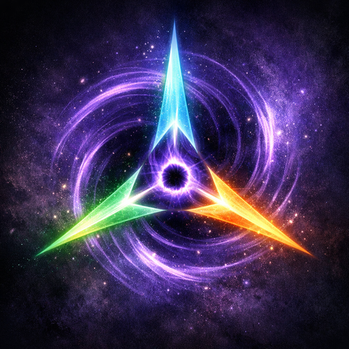 Three glowing blue, green, and orange points around a violet ring with purple spirals against a starry background