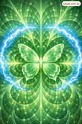 Luminous green butterfly surrounded by intricate green patterns and an electric-blue ring