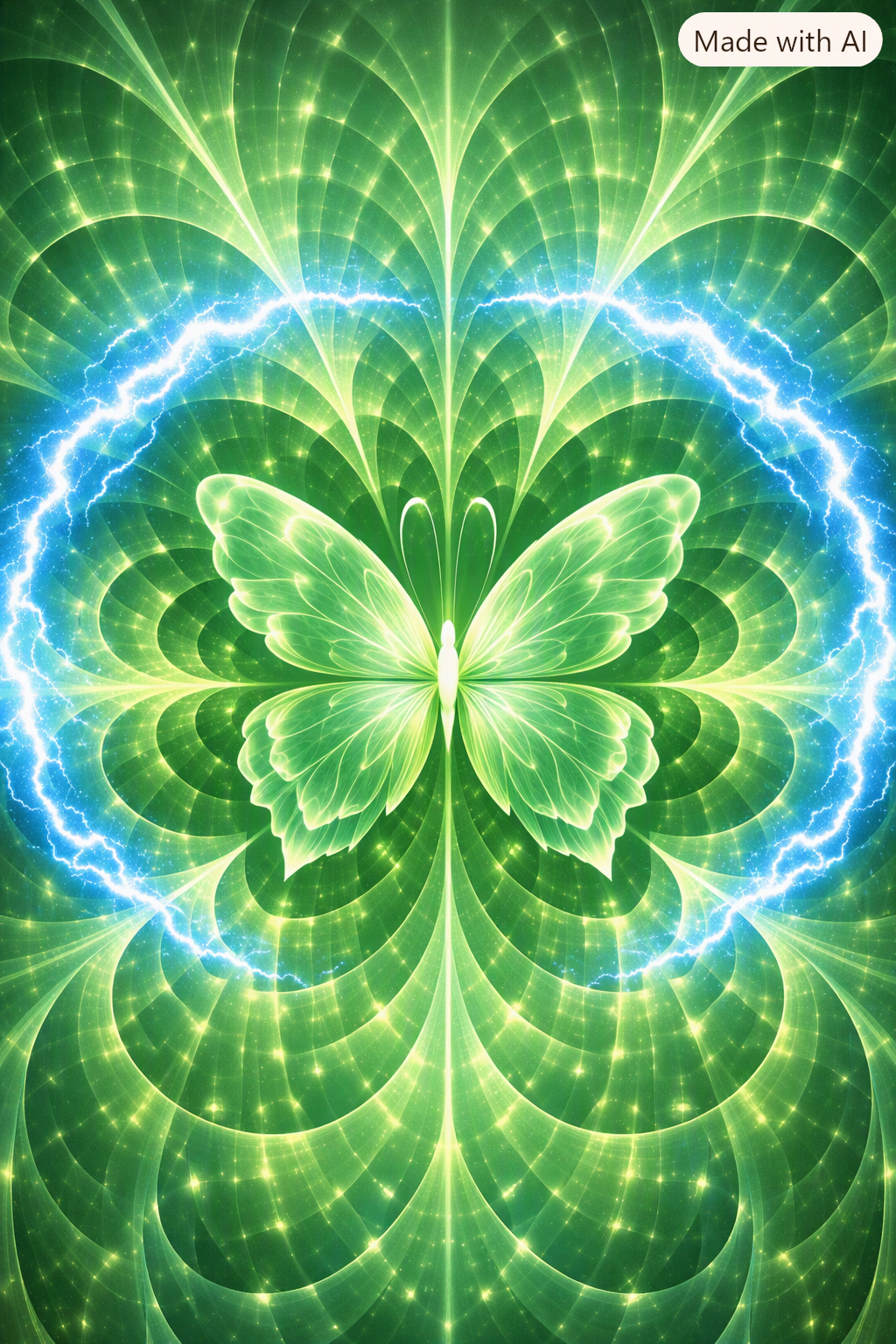 Luminous green butterfly surrounded by intricate green patterns and an electric-blue ring