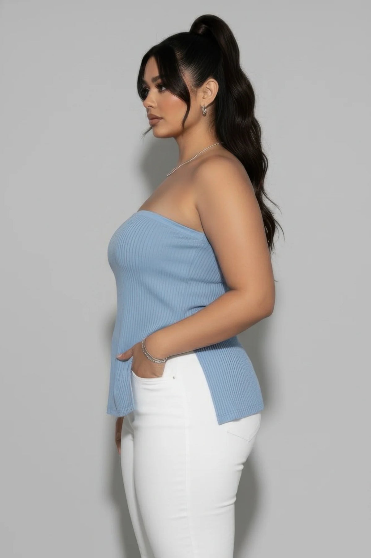 Plus Strapless Ribbed Side-Slit Flare Top