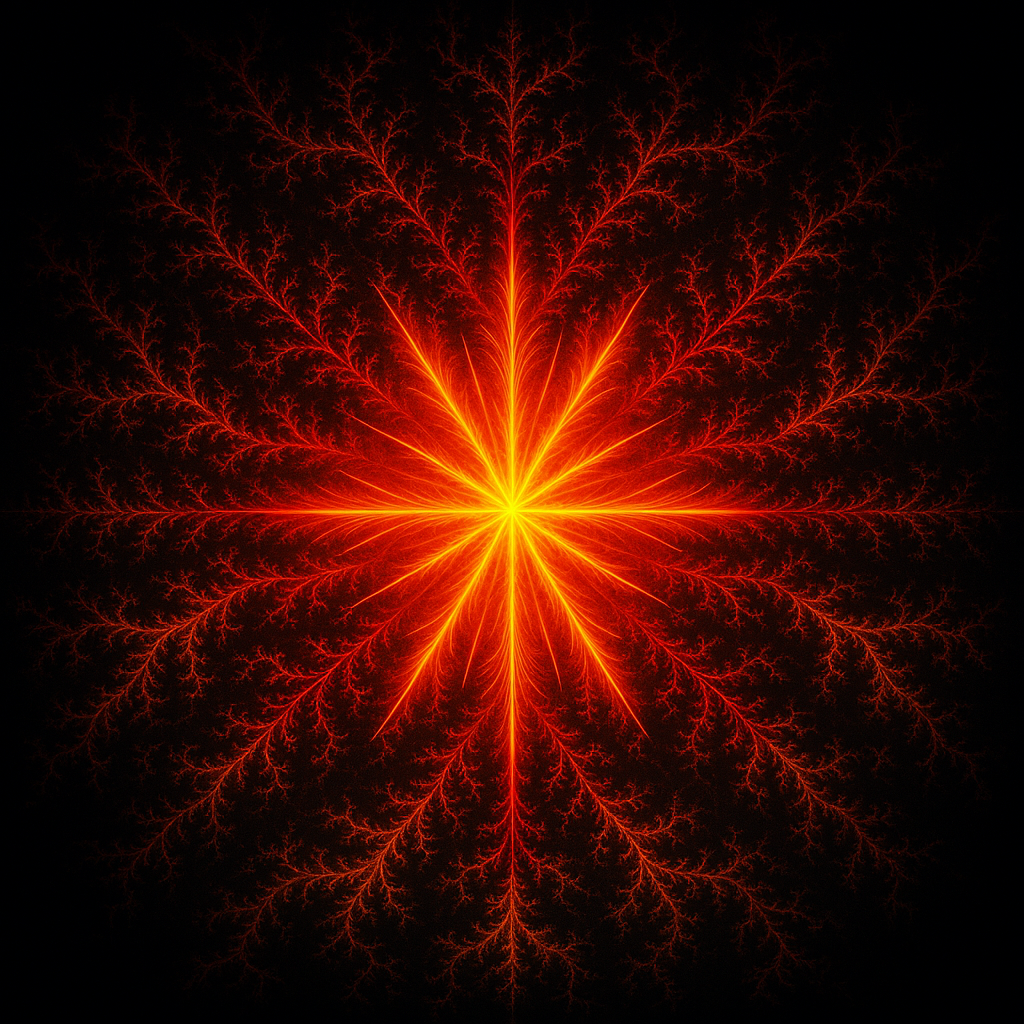 Red and orange branching fractal radiating from a bright yellow center against a black background