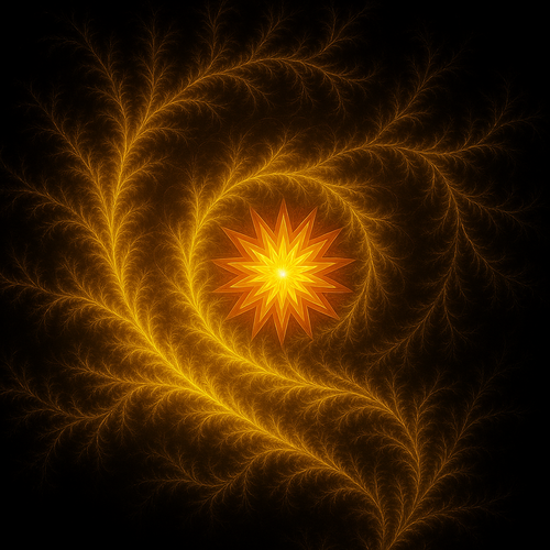 Golden fern-like fractal spirals surrounding a yellow and orange starburst on a black background