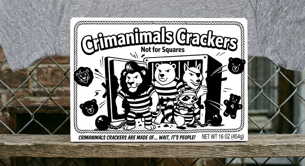Criminals Crackers black-and-white graphic on a gray T-shirt, showing cartoon animals in prison stripes and the words Not for Squares.