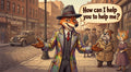 Cartoon fox in a patterned coat and fedora on a vintage city street saying, How can I help you to help me?