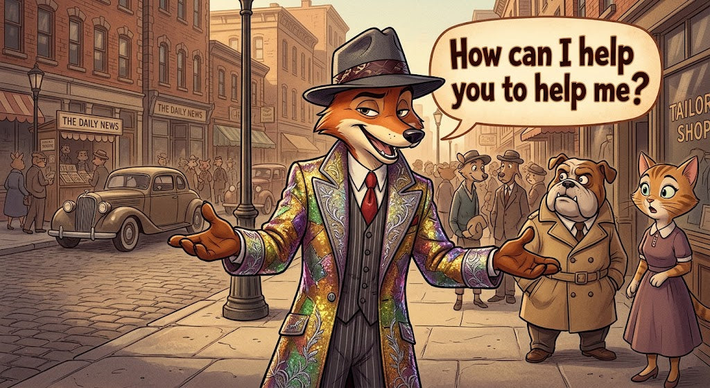 Cartoon fox in a patterned coat and fedora on a vintage city street saying, How can I help you to help me?