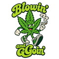 Cartoon green cannabis leaf character wearing sneakers with Blowin' and Goin' lettering