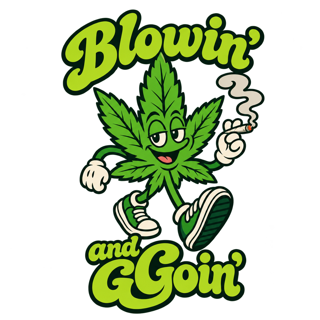 Cartoon green cannabis leaf character wearing sneakers with Blowin' and Goin' lettering
