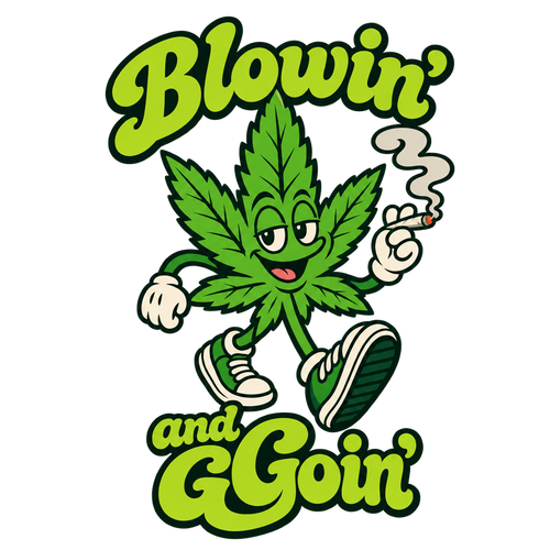 Cartoon green cannabis leaf character wearing sneakers with Blowin' and Goin' lettering