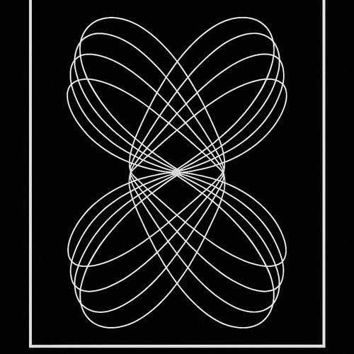 Looping white curves forming a symmetrical butterfly-like shape on black, bordered by white lines along the sides and bottom